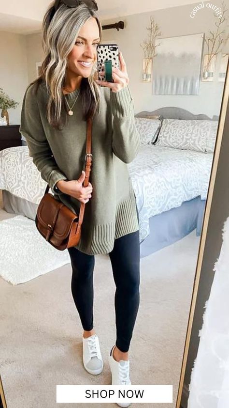 Legging Friendly Sweaters! How to Style a Sweater with Leggings. Ways To Style Black Leggings, Out For Dinner Outfit, Black Leggings Outfit Winter, Cute And Comfy Outfits, Winter Outfits Casual Leggings, Womens Winter Fashion, Sweater With Leggings, Mom Outfits Winter, Leggings Outfit Spring