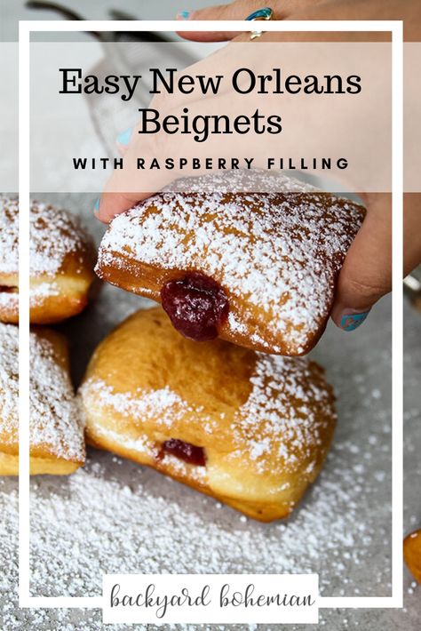 Easy New Orleans style raspberry filled beignets are pillowy, fluffy, and covered in powdered sugar! These babies will transport your right to New Orleans! Beignets With Filling, Stuffed Beignet Recipe, Chocolate Filled Beignets, Beneights Recipe New Orleans, Binet Recipe New Orleans, Begniets Recipes, Strawberry Beignets, Filled Beignets, Stuffed Beignets