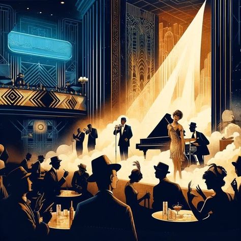 1940s Jazz Aesthetic, Jazz Band Art, Jazz Club Art, Jazz Age Aesthetic, 1920s Jazz Club, 1920s Music, Blue Note Jazz Club, Jazz Music Art, Lounge Art