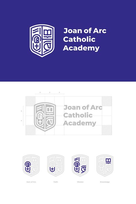 Logo design process for Joan of Arc Catholic Academy. Blue and white colour palette with brand seal/emblem. Graphic Design, Branding, Art Direction, Adobe Illustrator, Adobe Photoshop Private School Logo Design, Teacher Logo Design Education, Education Logo Design Schools, Educational Logo Design, University Logo Design Inspiration, School Logos Design, Education Brand Identity, School Logo Design Creative, Brand Identity Design Inspiration