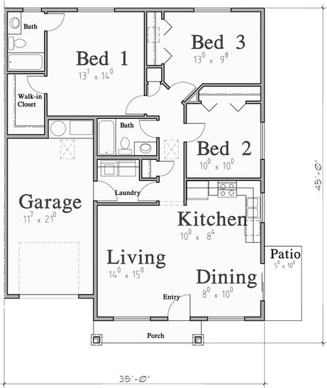 Single Story Duplex House Plan: 3 Bedroom, 2 Bath, With Garage 3 Bedroom Unit Floor Plan, Small House Plan 3 Bedroom, 3bedroom Duplex House Plans, One Floor Home Plans, House Plan With 3 Bedrooms, Duplex 3 Bedroom Plans, 3 Bedroom Two Bath House Plans, Duplexes House Plans, 3 Bedroom House Plan With Garage