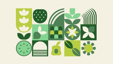 Vector bauhaus plants natural geometric ... | Premium Vector #Freepik #vector Sustainability Graphic Design Ideas, Flower Geometric Design, Food Graphic Illustration, Shape Patterns Design, Bauhaus Packaging, Plant Branding, Natural Moodboard, Geometric Branding, Garden Icons