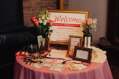 Promotion Table Display Events, Launch Party Favors, Book Launch Decoration Ideas, Product Launch Party Ideas Decor, Small Business Launch Party Ideas Decor, Small Business Launch Party Ideas, Launch Event Decor, Networking Event Decor, Business Signs Ideas