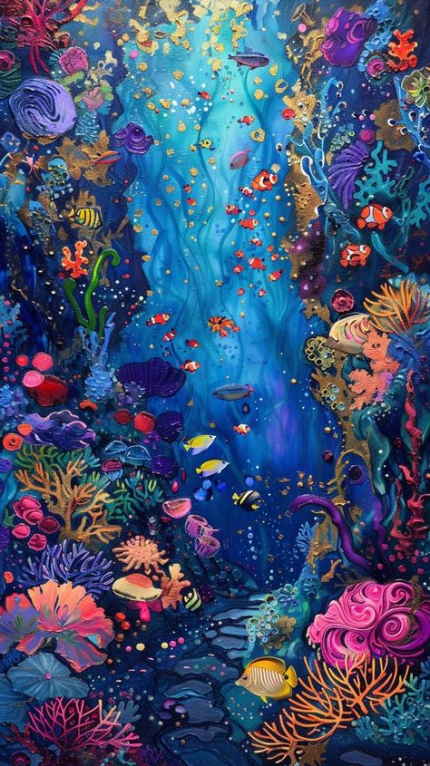 Vibrant Marine Life: A stunning underwater scene brimming with vibrant coral and playful fish amidst a mystical seascape. #oceana #vibrant #coral #fish #underwater #art #painting #colorful #aiart #aiphoto #stockcake https://ayr.app/l/a6DM Underwater Art Background, Drawing Underwater Scenes, Ocean Art Background, Colorful Fish Illustration, Sea Life Art Underwater, Marine Life Art Paintings, Underwater Fish Painting, Ocean Underwater Painting, Underwater Mural Painting