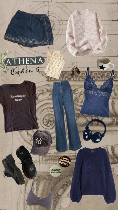 Clothes inspired by Percy Jackson cabins part 1: cabin 6 Athena #athena #annabethcase #athenacabin #outfitinspo #clothes #closetgoals #books #pjo #percyjackson #cabin6 Cabin 6 Athena, Annabeth Chase Aesthetic, Athena Aesthetic, Cabin Outfit, Athena Cabin, Percy Jackson Outfits, Percy Jackson Cabins, Daughter Of Poseidon, Winter Outfits Aesthetic