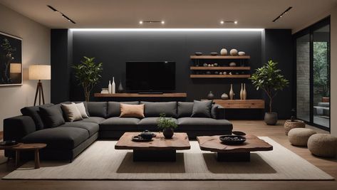 7 Tips for Creating a Dark Japandi Living Room - DexDecor Dark Japandi Living Room, Japandi Dark Wood, Dark Japandi, Japandi Inspiration, Japandi Black, Japanese Living Room Ideas, Dark Wood Floors Living Room, Living Room Japandi, Dark Grey Couch Living Room