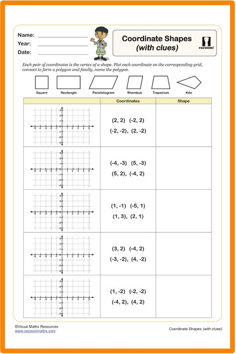 Enhance students' understanding of coordinate shapes with this engaging worksheet. By following clues to plot coordinates on a grid, they will practice connecting points to form quadrilaterals and naming the resulting shapes. This resource fosters critical thinking and geometry skills in an interactive way. Year 9 Maths Worksheets, Ks3 Maths Worksheets, Ks1 Maths Worksheets, Year 6 Maths Worksheets, Year 7 Maths Worksheets, Year 1 Maths Worksheets, Math Formula Sheet, Coordinate Plane Graphing, Easy Math Activities