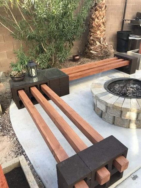 Dreams Home & Garden | DIY Concrete Block Bench | Facebook Concrete Block Bench, Rustic Fire Pit Ideas, Diy Patio Bench, Diy Cabana, Rustic Fire Pit, Cinder Block Furniture, Yard Benches, Cinder Block Bench, Block Bench