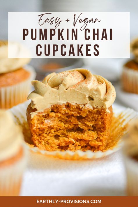 These Vegan Pumpkin Chai Cupcakes are well-spiced and quick to make. This is the perfect easy vegan dessert to make for Fall! Vegan Pumpkin Chai Cupcakes, Vegan Pumpkin Pie Cups, Eggless Fall Desserts, Vegan Fall Desserts Easy, Vegan Pumpkin Spice Cupcakes, Best Vegan Cupcakes, Vegan Recipes With Pumpkin Puree, Vegan Fall Cupcakes, Vegan And Gluten Free Dessert Recipes