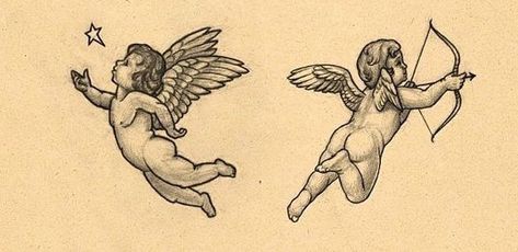 Cherubim Angels Tattoo, Funny Small Tattoos, Baby Angel Tattoo, Cupid Tattoo, Russian Tattoo, Cherub Tattoo, Tattoo Lettering Design, Angel Tattoo Designs, Old School Tattoo Designs