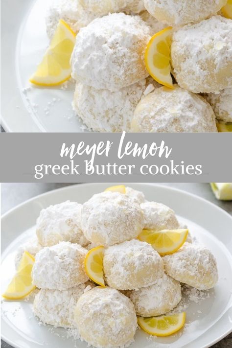 Slice And Bake Lemon Cookies, Meyer Lemon Cookies Recipes, Greek Pastries Desserts, Citrus Baked Goods, Meyer Lemon Recipes Dinners, Meyer Lemon Cookies, Greek Desserts Authentic, Kourabiedes Recipe, Meyer Lemon Cake