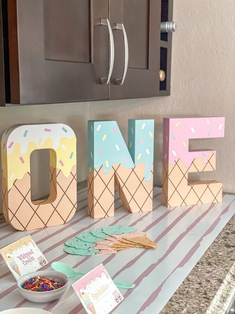 Ice Cream Themed First Birthday Party — Home By Hiliary Ice Cream Letters, Ice Cream Birthday Party Theme, Birthday Ice Cream, Ice Cream Party Theme, Ice Cream Party Decorations, Ice Cream Decorations, Ice Cream Birthday Party, Ice Cream Theme, Twin First Birthday