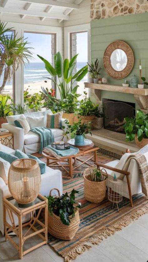 Hawaii Cottage Interior, Coastal Indoor Plants Living Rooms, Modern Coastal Boho Living Room, Coastal Interiors Design Living Room, Boho Beach Interior, Beach House Interior Design Boho, Whimsical Beach House, Boho Beach Home Decor, Mediterranean Living Room Inspiration