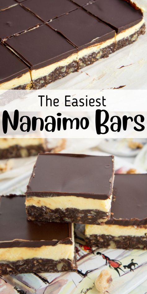 These decadent Nanaimo Bars are a no bake, triple layer treat that originated in Nanaimo, British Columbia, Canada. Namino Bars, Baking Bars, Nanaimo Bar, Nanaimo Bar Recipe, Canadian Dessert, Christmas Baking Easy, Nanaimo British Columbia, Easy Dessert Bars, Chocolate Bar Recipe