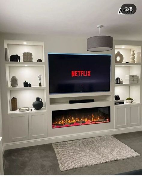 Tv Wall Panelling, Diy Tv Wall, Tv Wall Units, Media Wall Unit, Feature Wall Living Room, Built In Shelves Living Room, Living Room Wall Units, Living Room Built Ins, Fireplace Tv Wall