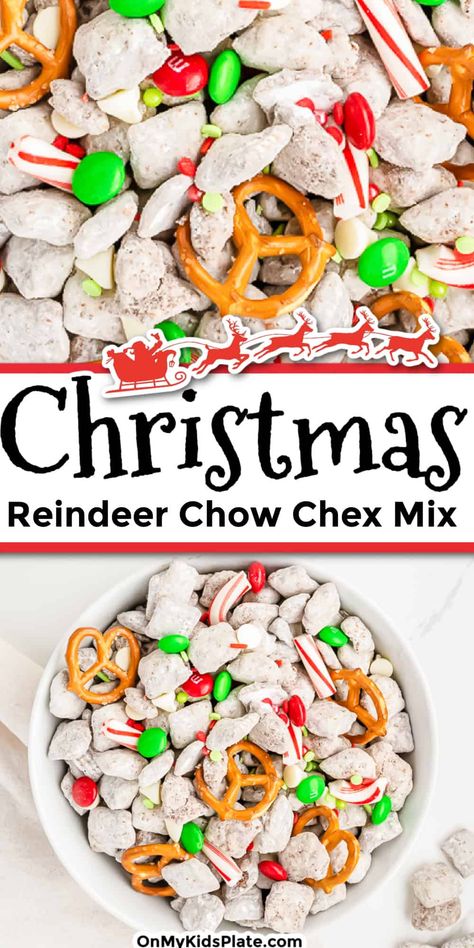 Christmas Reindeer Chex Mix close up zoomed in and more in a bowl below with title text overlay. Holiday Puppy Chow, Christmas Puppy Chow, Santa Chocolate, Christmas Snack Mix, Puppy Chow Christmas, Reindeer Chow, Christmas Snacks Easy, Chex Mix Christmas, Chex Mix Puppy Chow