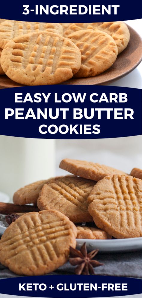 3-Ingredient Keto Peanut Butter Cookies. If you’re looking for an easy keto dessert recipe these homemade low carb peanut butter cookies are divine. With 3 ingredients this easy sugar-free cookie recipe makes gluten-free baking on the ketogenic diet simple and delicious! Make these keto peanut butter cookies in advance and freeze for the holidays or put this recipe together from start to finish in 30 minutes! Yum! #keto #ketorecipes #lowcarb #cookies #peanutbutter #glutenfree Carb Free Cookies Recipes, Peanut Butter Cookies With Cream Cheese, Almond Flour Cookies Recipes Easy, Peanut Butter Cookies For Diabetics, Bariatric Cookie Recipes, Keto Peanut Butter Blossom Cookies, Keto Peanut Butter Cookies 3 Ingredients, Clean Ingredient Cookies, Zero Sugar Cookies