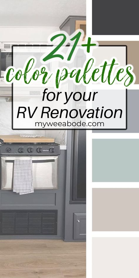 Discover 21 color palettes for your camper trailer renovation that will transform your space into a cozy haven on wheels. Explore these inspiring camper trailer color schemes to find the perfect blend of hues for your next design project. #myweeabode #rvrenovation #traveltrailer #tinyhome Gray Camper Cabinets, Rv Renovation Color Scheme, Rv Remodel Paint Colors, Trailer Painting Interior, Color Schemes For Rv Camper Interior, Rv Remodel Color Schemes, Camper Renovation Color Schemes, Camper Van Color Schemes, Caravan Interior Ideas Color Schemes