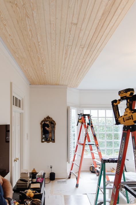 We added Beadboard to our Bedroom Ceiling! (Here's how!) - Chris Loves Julia Beadboard Ceiling With Recessed Lighting, How To Bead Board Ceiling, Bead Board Ceiling With Beams, Vaulted Ceiling With Beadboard, Beadboard Ceiling Dining Room, Pine Beadboard Ceiling, Beadboard Ceiling Stained, Drywall Ceiling Alternatives, Painted Wood Panel Ceiling