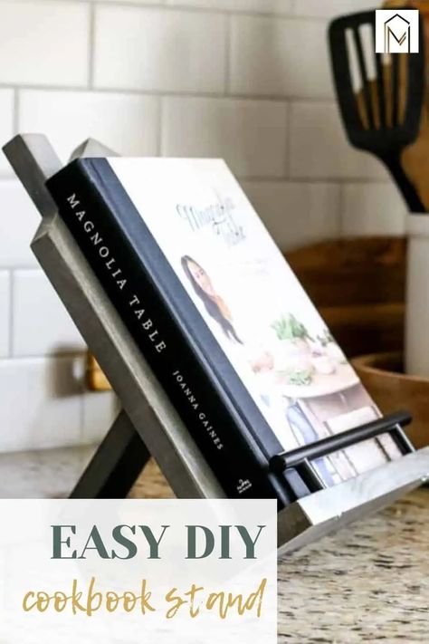 Diy Recipe Holder Ideas, Wooden Book Stand Diy, Diy Cookbook Stand Wood, Cookbook Holder Diy, Cookbook Stand Diy, Diy Cookbook Stand, Cook Book Holder, Recipe Book Holder, Recipe Book Stand