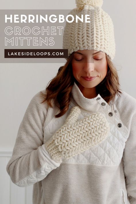 Heath Herringbone Crochet Mittens – FREE PATTERN – Lakeside Loops Lion Brand Thick And Quick Crochet, Crochet Mittens Bulky Yarn, Super Bulky Crochet Mittens Free Pattern, Crochet Mittens Chunky Yarn Free Pattern, Crochet Projects With Bulky Yarn, Bulky Wool Crochet Patterns, Crochet Mittens Free Pattern Bulky Yarn, Toddler Crochet Mittens Free Pattern, Bulky Yarn Crochet Projects