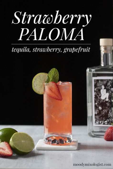 Strawberry Paloma (An Easy Tequila Cocktail) - Moody Mixologist Strawberry Paloma, Valentines Drinks Alcoholic, Moody Mixologist, Classic Tequila Cocktails, Red Wine Cocktails, Cocktail Recipes Tequila, Drink Presentation, Paloma Recipe, Valentine Drinks