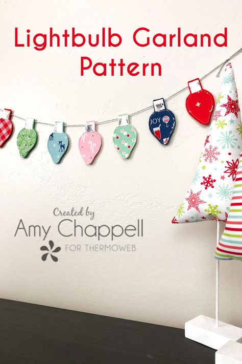 Christmas Fabric Garland With Lights, In The Hoop Christmas Projects, Fabric Ornaments Diy Free Pattern, Easy Sewing Christmas Projects, Quilted Garland, Fabric Garland Christmas, Sewn Decorations, Fabric Garland Diy, Christmas Light Garland