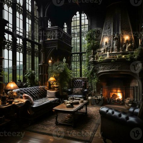 Interior Design, Beautiful Living room Gothic Style, Luxury Mansion, Elegant tall window, AI Generative Gothic Cottage Living Room, Gothic Style Living Room, Gothic Interior Aesthetic, Gothic Atrium, Victorian Manor Interior, Esme Aesthetic, Gothic Interior Design Victorian, Victorian Mansion Aesthetic, Gothic Conservatory