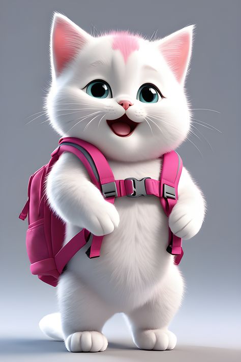 Adorable cute little fat pink and white happy cat kitty kitten carry a backpack animal Puppy Portraits, Cute Bunny Pictures, Image Cat, Bunny Pictures, Cute Cats Photos, Animal Cat, Cute Animals Images, Cute Cat Gif, Animal Clipart