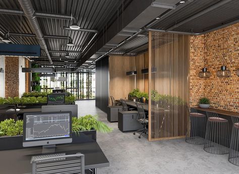 Corporate Office Design Concept, Modern Office With Plants, Traditional Corporate Office Design, Industrial Modern Office Design, Industrial Office Space Design, Creative Office Space Workspaces Design, Modern Industrial Office Space, Industrial Interior Design Commercial, Office Industrial Design