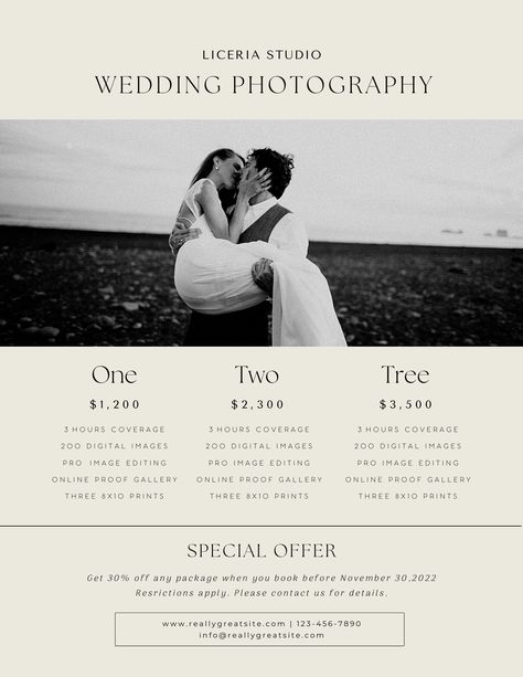 Photography Offer Template, Wedding Photography Price Guide, Price Guide Photography, Photography Rate Card Design, Wedding Photography Price List, Wedding Photography Advertisement, Price List Design Photography, Photographer Price List Design, Family Photography Pricing Guide