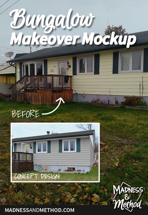 Thinking about sprucing up your house and front yard?  This bungalow makeover mockup makes it easy to see what the house would look like with some paint! Bungalow Exterior Makeover, Bungalow Makeover, Rental Renovation, Green Shutters, One Storey House, Building Raised Garden Beds, Yard Maintenance, Concrete Walkway, Bungalow Exterior