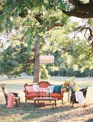 Unique vintage outdoor wedding reception lounge idea - antique furniture with coffee table in center with candlesticks + chandelier hanging from tree Ben Q. Photography Vintage Outdoor Weddings, Vintage Furniture Wedding, Wedding Lounge Area, Candlestick Chandelier, Wedding Reception Seating, Wedding Lounge, Outdoor Lounge Area, Outdoor Seating Area, Wedding Furniture