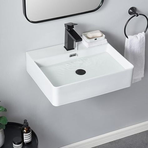 SHACO Wall Mount Sink for Small Bathroom, 20x16 Inch Wall Mounted Bathroom Sink with Installation Kit, Wall Hung Floating Sink White Single Hole Lavatory Powder Room Washroom Ceramic Bathroom Sink - Amazon.com Floating Sink Bathroom Small Spaces, Small Sinks For Small Bathrooms, Floating Sink Bathroom, Sink For Small Bathroom, Floating Bathroom Sink, Mounted Bathroom Sink, Floating Sink, Bathroom Sink Design, Toilet Room Decor