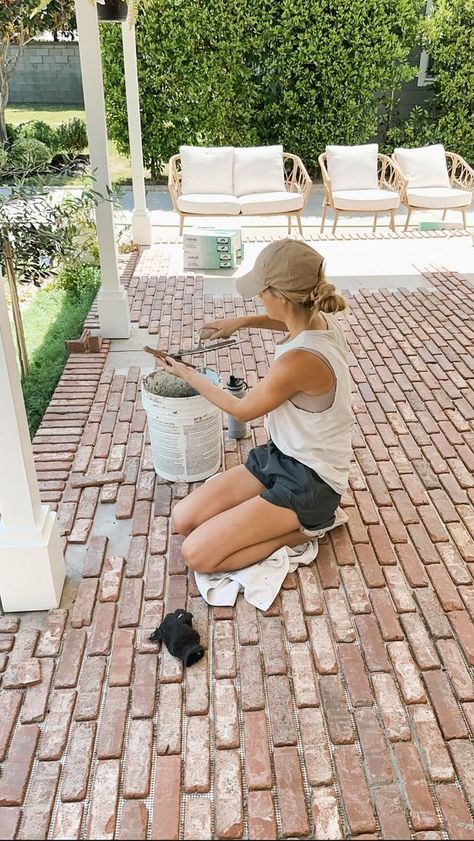 Andi | DIY Projects, Home Decor & Every Day Life on Reels | Beachcrimes · Do It Better Painted Walkways To Front Door, White Brick Landscaping, Front Porch Ideas Concrete, Rock Around Patio, Dark Stained Porch, Brick Porch Makeover, Brick Front Patio, Porch Flooring Ideas, Brick Front Porch