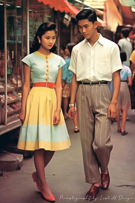 Maris Racal And Anthony Jennings, Vietnam Fashion Outfits, 50s Aesthetic Fashion, Pair Outfits, Vintage Asian Fashion, Movie Wardrobe, Vintage Myanmar, 50s Aesthetic, Outfit Couple