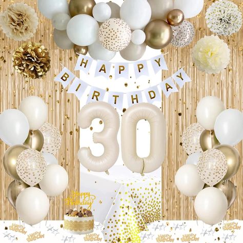 Amazon.com: 30th Birthday Decorations for Her, Gold Happy 30th Birthday Decorations White and Gold Balloons Happy Birthday Banner Tablecloth Fringe Curtain Cake Topper Paper Pom Poms Talk Thirty to Me Birthday : Toys & Games Birthday Decorations White And Gold, Birthday Decorations White, 30th Anniversary Decorations, White And Gold Balloons, 50th Birthday Themes, 30th Birthday Balloons, 50th Birthday Balloons, 30th Birthday Themes, Balloons Happy Birthday