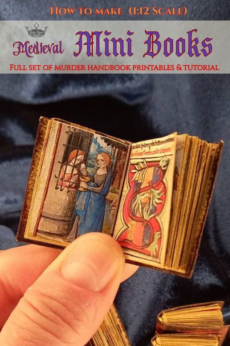 Murder and violence was thriving during the Middle Ages! How to make 12 tiny Medieval murder books (1:12 scale) with rounded spines and realistic details. Fully functional with colorful double-sided pages 💗. Step by step bookbinding video tutorial and instantly downloadable printables that include book covers, end papers and pages depicting Medieval murder scenes! #medievalart #medievallife #makeminibooks #bookprintables #diyminiatures #miniwitchapothecary #antiquebooks #minibooks #miniaturediy King Of The Land, Diy Bookbinding, Bookbinding Tutorial, The Middle Ages, Miniature Books, Mini Books, Middle Ages, Books