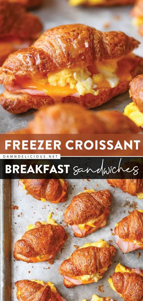 FREEZER CROISSANT BREAKFAST SANDWICHES, back to school recipes, breakfast Mini Croissant Sandwiches, Croissant Breakfast Sandwiches, Crossiant Recipes, Freezer Breakfast Meals, Croissant Sandwiches, Breakfast Sandwiches Frozen, Croissant Breakfast Sandwich, Mini Croissant, Freezable Meals