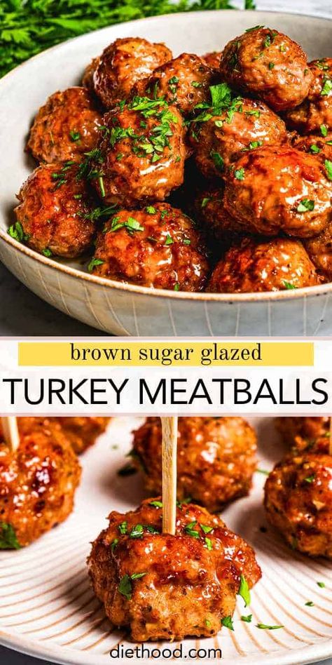 These turkey meatballs pack a bite-sized punch! They're an easy appetizer coated with a sweet-tangy brown sugar glaze, perfect for game day. Sticky Turkey Meatballs, Maple Syrup Meatballs, Turkey Meatballs In Oven, Chicken Turkey Meatballs, Easy Ground Turkey Meatballs, Autumn Meatballs, Ground Turkey Appetizers, Appetizer Recipes Meatballs, Turkey Balls Recipe