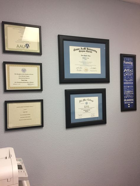 Diplomas On Wall Ideas, Hang Degrees In Office, Diploma Office Display, Degree Hanging Ideas, Hanging Certificates In Office Display, Hanging Diplomas On Wall, Achievement Wall Display Ideas Office, Degrees On Wall In Office, How To Display Certificates On Wall