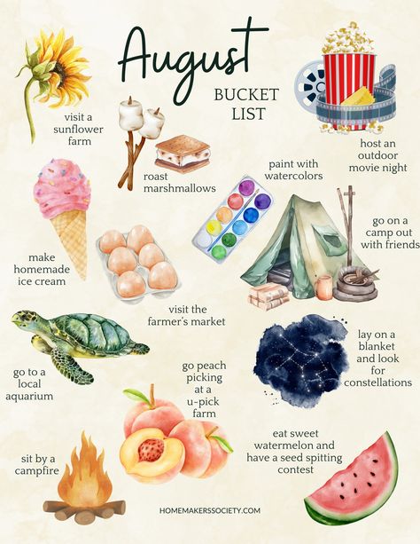 August Bucket List: Embrace the Magic of Summer + Free Printable - The Homemaker's Society Bucket List Calendar, No Spend Activities August, End Of Summer Bucket List, June Bucket List Ideas, Things To Do In August, Summer Watchlist, Ideas For Summer, May Bucket List, July Bucket List