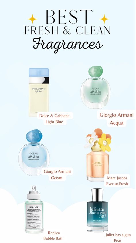 These fresh and clean perfumes are perfect for spring, summer, or daytime. If you are a fresh and clean scent girl, then here’s my top 6 fresh and clean fragrances Fresh And Clean Scent, Fresh Clean Perfume, Different Perfume Scents, Perfume Clean Scent, Light Scented Perfumes, You Smell Clean, Fresh Fragrances For Women, Fresh Clean Smelling Perfume, Fruity Fresh Perfume