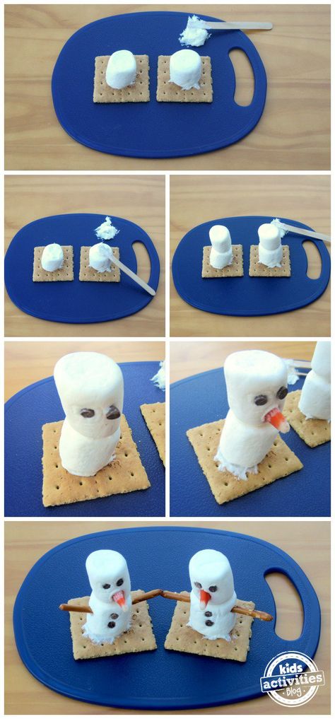 Make a Marshmallow Snowman Step by Step Winter Cooking For Kids, Snow Flake Craft For Toddlers, Marshmallow Snowman On A Stick, Edible Snowman, Snowman Snack, Snowman Crafts Preschool, Marshmallow Snowmen, Snowman Treats, Marshmallow Crafts