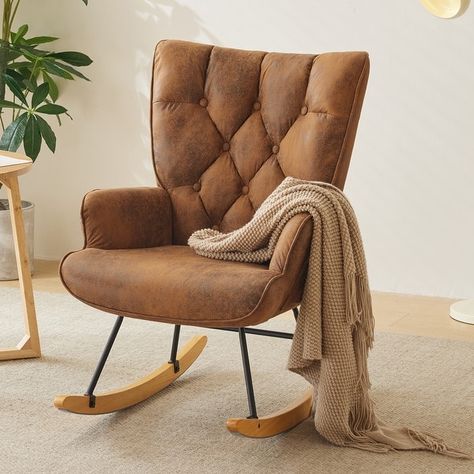 Rocking Chair Nursery, Upholstered Glider Rocker with High Backrest - On Sale - Bed Bath & Beyond - 40360779 Nursery Glider Rocker, Chair Nursery, Nursery Rocker, Bedroom Brown, Tufted Side Chair, Glider Rocking Chair, Modern Rocking Chair, Rocking Armchair, Modern Side Chairs