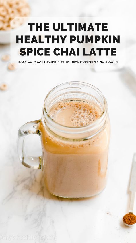 This DIY healthy pumpkin spice chai latte recipe tastes just like Starbucks — maybe even better!! It’s SO quick & easy to make. The perfect combination of cozy chai spices, comforting tea & sweet pumpkin flavor. Once you try this homemade pumpkin chai latte, you’ll never order one from Starbucks again! starbucks pumpkin spice chai tea latte. healthy pumpkin chai latte. vegan pumpkin spice chai latte. copycat starbucks pumpkin chai latte sugar free. skinny pumpkin spice chai latte. #cleaneating Drinks With Almond Milk Healthy, Pumpkin Spice Chai Tea Recipe, Pumpkin Spice Almond Milk, Pumpkin Chai Smoothie, Homemade Pumpkin Drinks, Pumpkin Spice Milk Tea, Pumpkin Tea Latte, Healthy Pumpkin Chai Latte, Pumpkin Chai Recipe