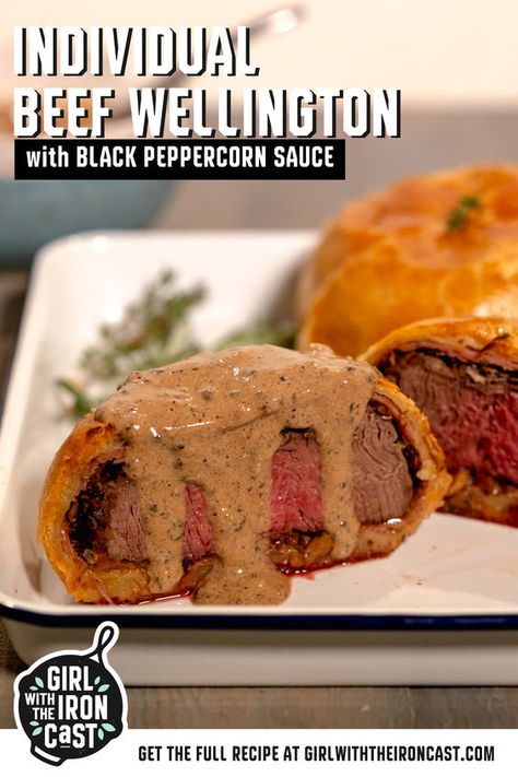 This beef Wellington recipe can be scaled depending on how many guests you’re having. Instead of making one large beef Wellington, everyone can enjoy their beef filet, surrounded by mushroom duxelle, wrapped in prosciutto, enclosed in flakey puff pastry. Served with a black peppercorn sauce, this is a holiday or special occasion delight. Beef Wellington Sauce, Best Beef Wellington Recipe, Black Peppercorn Sauce, Mushroom Duxelle, Dried Cranberries Recipes, Easy Beef Wellington, Individual Beef Wellington, Mini Beef Wellington, Wellington Recipe