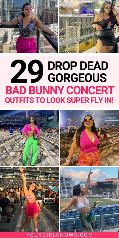 Looking for the perfect outfit to rock at the next Bad Bunny concert? Check out these 29 HOT concert outfits that will turn heads and keep you dancing all night long! From trendy streetwear to bold and vibrant looks, we've got you covered. Don't miss out on the chance to be the ultimate showstopper. Get inspired and start planning your outfit now! Hot Bad Bunny, Bad Bunny Concert Outfits, Hot Concert Outfits, Concert Outfit Reggaeton, Outfit With Cowgirl Boots, Hip Hop Concert Outfit, Frat Party Outfit, Bad Bunny Concert, Bad Bunny Concert Outfit