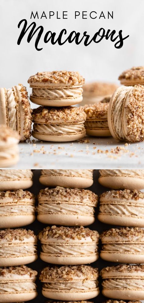 Maple Bacon Macaron, Cake Ideas With Macarons, Shelf Stable Macaron Filling, Maccarone Flavors, Maple Pecan Macarons, Christmas Flavor Macarons, Maple Macarons Recipe, Fall Bakery Recipes, Storing Macarons