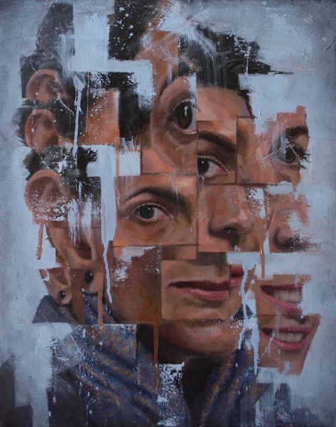 Abstract portrait fragmented taking cubist and photo collage influences Distorted Art Oil paint on linen canvas 50 x 40cm Troy Stuart, Distortion Art, Personal Investigation, Art Alevel, Collage Portrait, Gcse Art Sketchbook, A Level Art Sketchbook, Portraiture Art, Portfolio Ideas